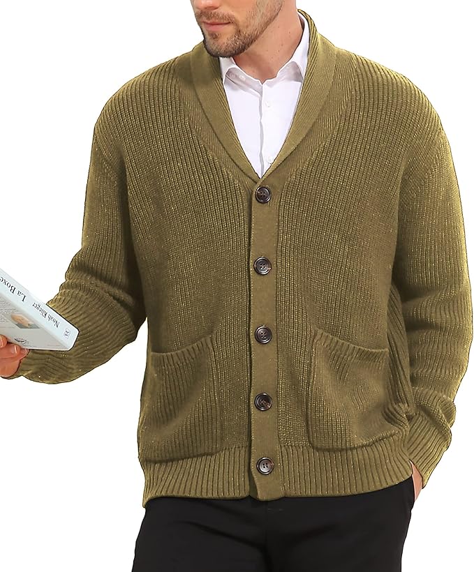 nitagut 男式开衫毛衣长袖休闲软青果领开衫男式毛衣时尚修身针织纽扣